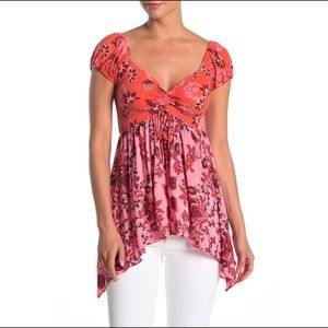 🌸Free People Pink Floral Babydoll Top Hawaiian Sunset Size M